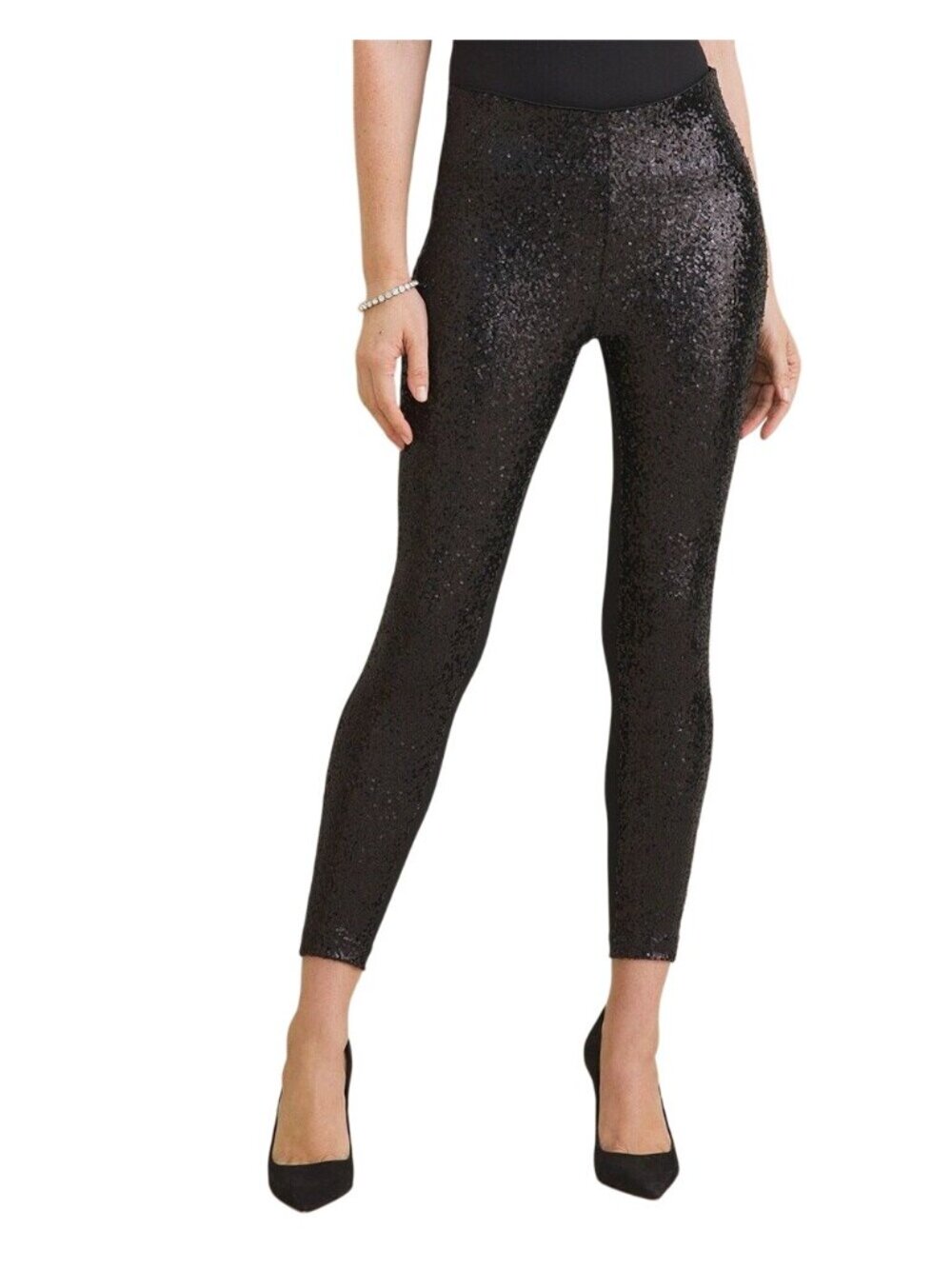 Chicos Leggings Size 8R Ponte Pull On Sequin Black Career Retro Disco Party NEW